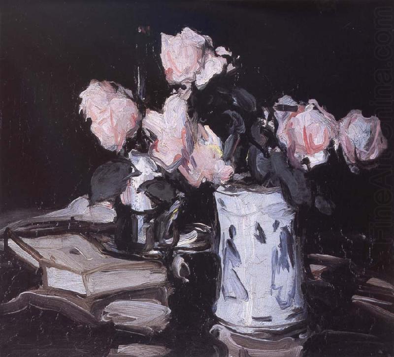 Roses in a Blue and White Vase,Black Background, Samuel John Peploe
